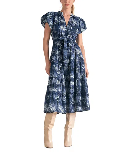 Elan Printed Bubble Sleeve Midi Dress In Blue Tuscany