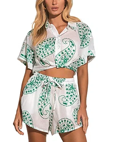 Elan Printed Button Front Swim Cover Up Shirt In White Green
