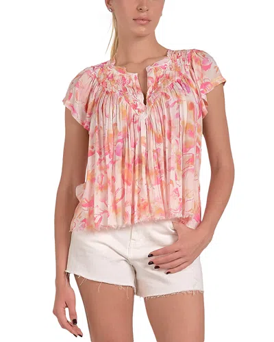 Elan Printed Frilled Short Sleeve Top In Pink Allure