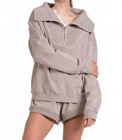 Elan Quarter Zip Oversized Collar Top In Heather Grey In Gray