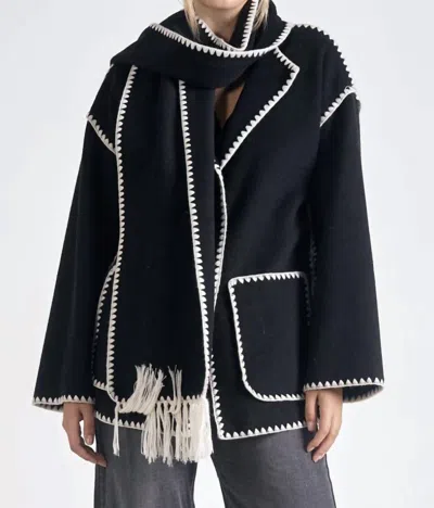 ELAN RAINE STITCH SWEATER JACKET WITH DETACHABLE SCARF IN BLACK