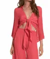 Elan Resort Tie Front Crochet Sleeve Top In Coral In Gold