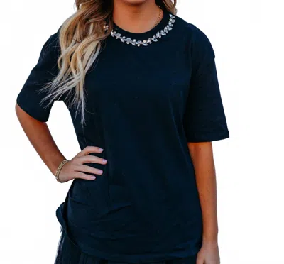 Elan Rhinestone Collar Tee In Black In Blue