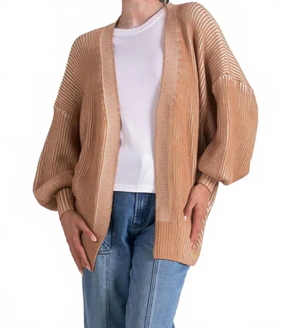 Elan Rib Relaxed Cardigan In Tan/white In Brown