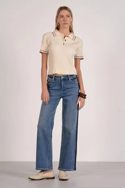 Elan Ribbed Collared Short Sleeve Sweater In Cream In Metallic