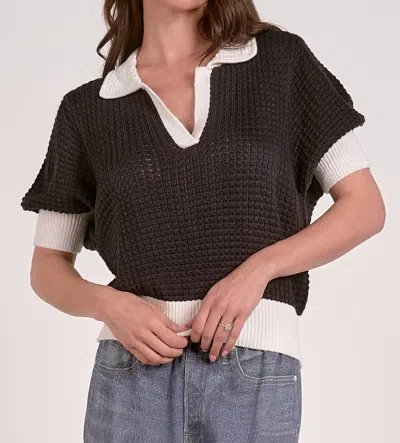 Elan Rita Short Sleeve Collared Sweater In Black/white