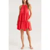 Elan Ruched Tiered Cover-up Swing Dress In Red Coral