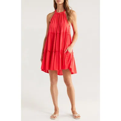 Elan Ruched Tiered Cover-up Swing Dress In Red Coral