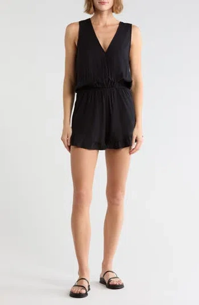 Elan Ruffle Hem Sleeveless Cover-up Romper In Black