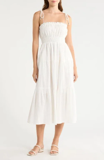 Elan Ruffle Shirred Tie Strap Tiered Cotton Seersucker Cover-up Sundress In White