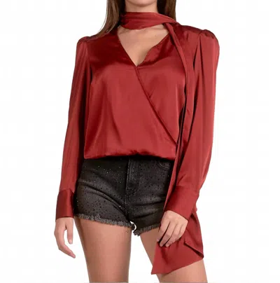 Elan Satin Bow Blouse In Rust In Multi
