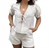 Elan Seersucker Short Set In Khaki In White