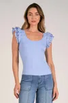 Elan Shay Scoop Neck Ruffle Shoulder Top In Blue In Blue
