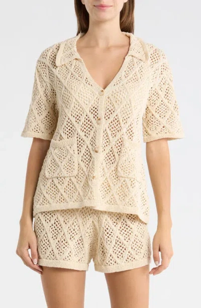 Elan Sheer Open Stitch Cover-up Button-up Shirt In Brown