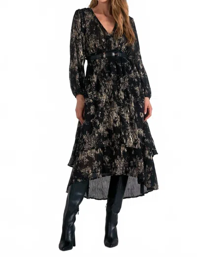 Elan Shimmer Ruffle Dress In Gold In Black