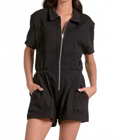 ELAN SHORT SLEEVE COLLARED SWEATSUIT ROMPER IN BLACK