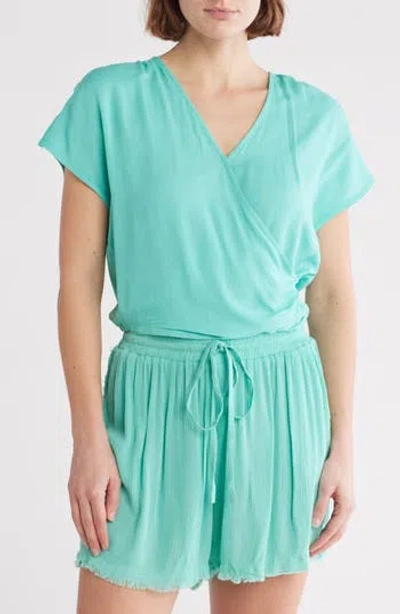 Elan Short Sleeve Faux Wrap Cover-up Crop Top In Aqua