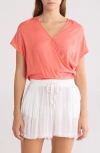 Elan Short Sleeve Faux Wrap Cover-up Crop Top In Coral
