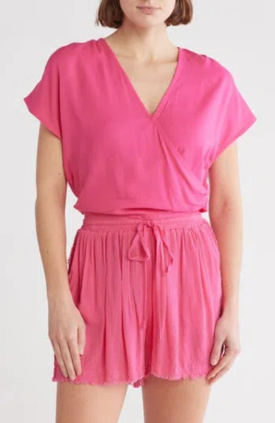 Elan Short Sleeve Faux Wrap Cover-up Crop Top In Hot Pink