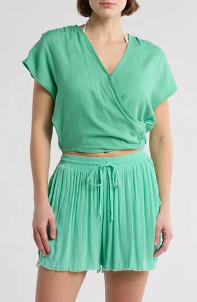 Elan Short Sleeve Faux Wrap Cover-up Crop Top In Mint