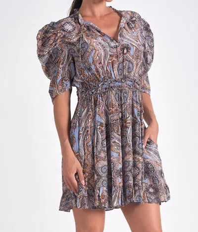 Elan Short Sleeve High Neck Dress In Blue Paisley In Multi