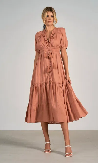 Elan Short Sleeve Midi Dress In Dusty Pink In Brown