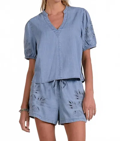 Elan Short Sleeve Open Work Sleeves V-neck Top In Denim In Animal Print