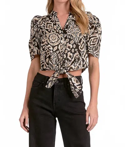 Elan Short Sleeve Puff Sleeve Tie-front Top In Black Acorn Print In Brown
