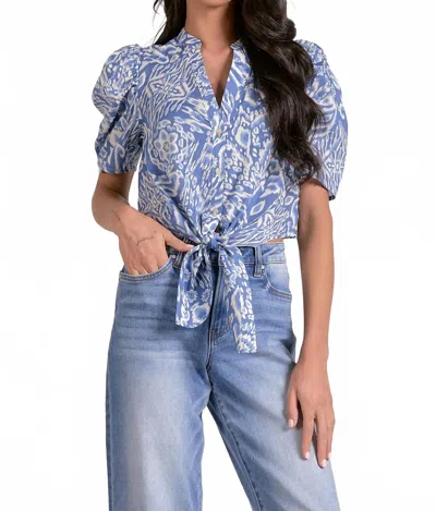 Elan Short Sleeve Puff Sleeve Tie-front Top In Blue Acorn Print