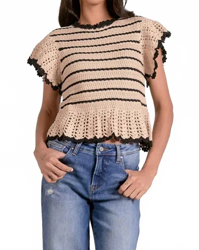 Elan Short Sleeve Ruffle Top Sweater In Black In Multi