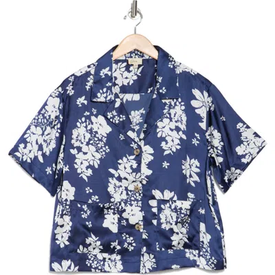 Elan Short Sleeve Satin Camp Shirt In Navy Capri Print