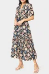 Elan Short Sleeve Tiered Floral Midi Dress In Navy Melrose Print In Multi
