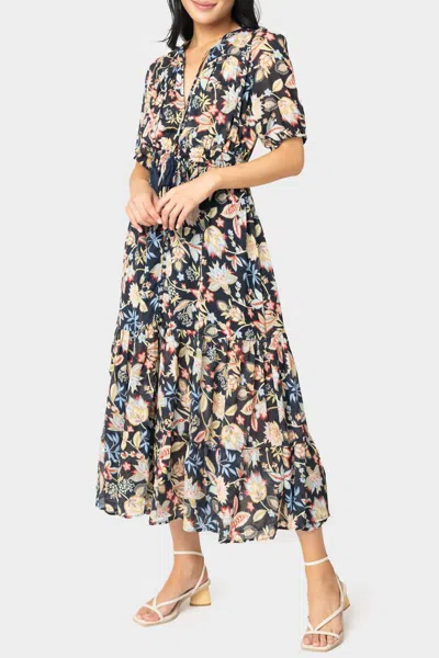 Elan Short Sleeve Tiered Floral Midi Dress In Navy Melrose Print In Multi