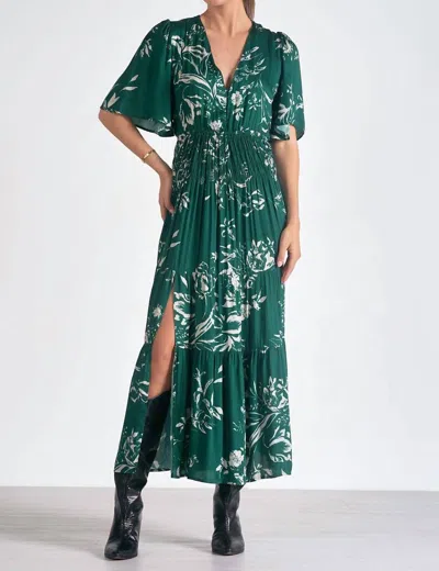 Elan Short Sleeved V Neck Tiered Maxi Dress In Jade Toulouse In Multi
