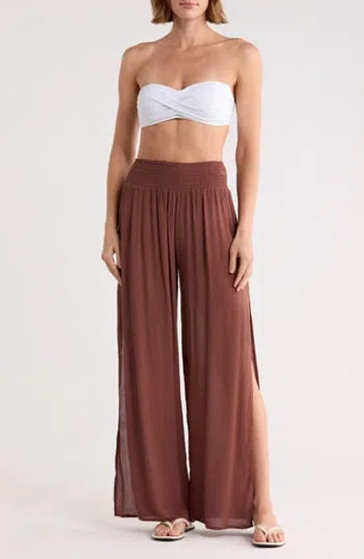 Elan Side Slit Wide Leg Cover-up Pants In Brown