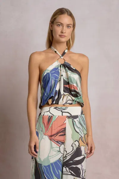 Elan Sierra Cropped Halter Top In Blue Botanical In Multi