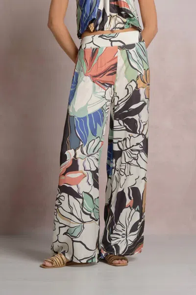 Elan Sierra Smocked Back Flowy Pant In Blue Botanical In Multi