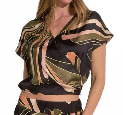 Elan Silky Short Sleeve V-neck Crop Top In Green Multi In Brown