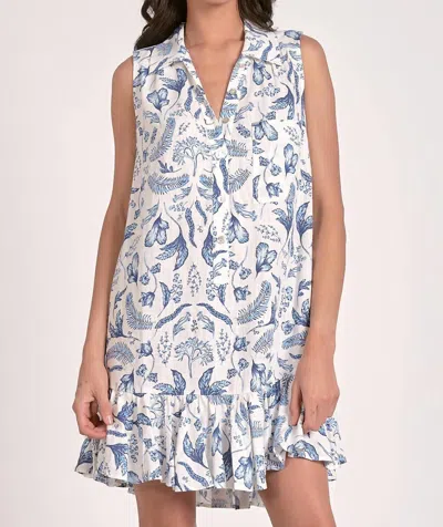 Elan Sleeveless Botanical Print Collar Dress In Blue Porcelain In White
