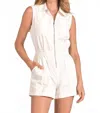 Elan Sleeveless Denim Romper In White In Animal Print
