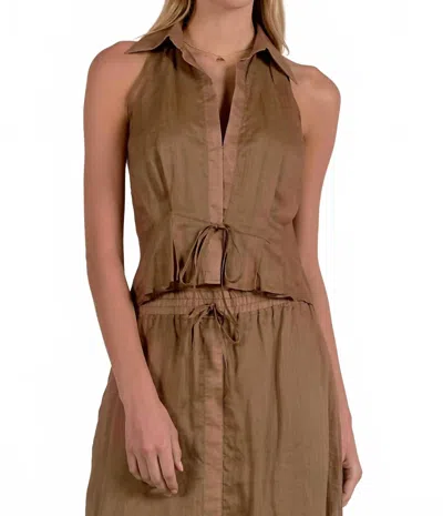 Elan Sleeveless Halter Button Down Top In Caramel In Brown