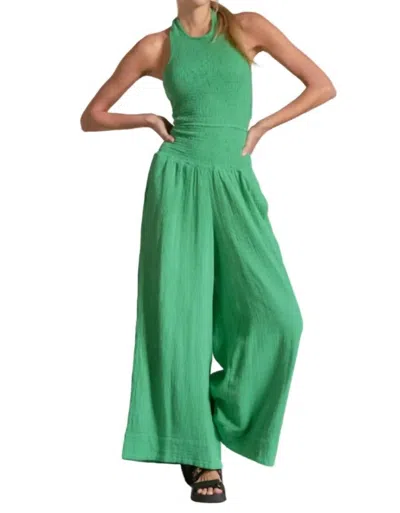 Elan Sleeveless Halter Wide Leg Jumpsuit In Green