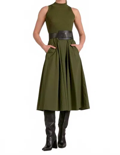 Elan Sleeveless Mock Neck Midi Dress In Olive In Green