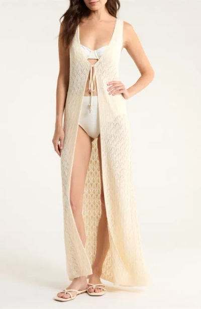 Elan Sleeveless Tie Front Pointelle Cover-up In Neutral