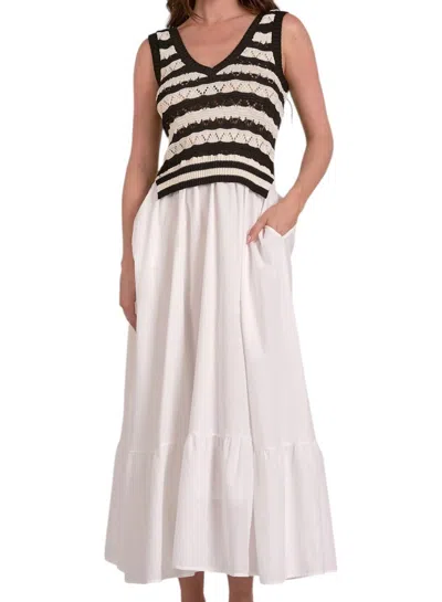 ELAN SLEEVELESS V-NECK MIDI DRESS COMBO IN WHITE/ BLACK