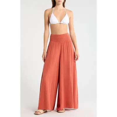 Elan Smocked Waist Cover-up Palazzo Pants In Red