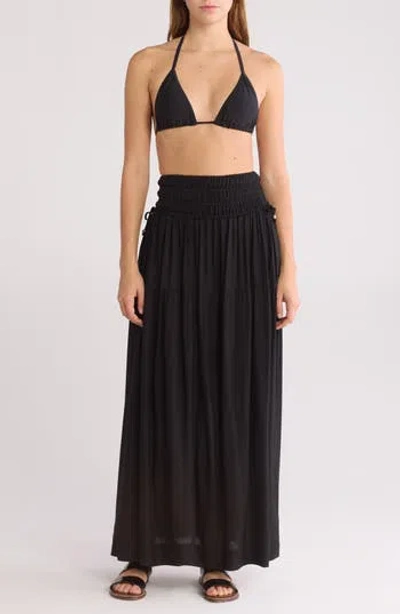 Elan Smocked Waist Maxi Cover-up Skirt In Black