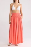Elan Smocked Waist Maxi Cover-up Skirt In Coral