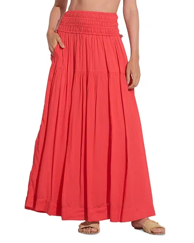 Elan Smocked Waist Midi Swim Cover-up Skirt In Red Coral