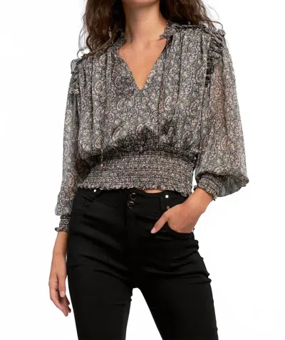 Elan Smocked Waste Top In Black Paisley In Gray